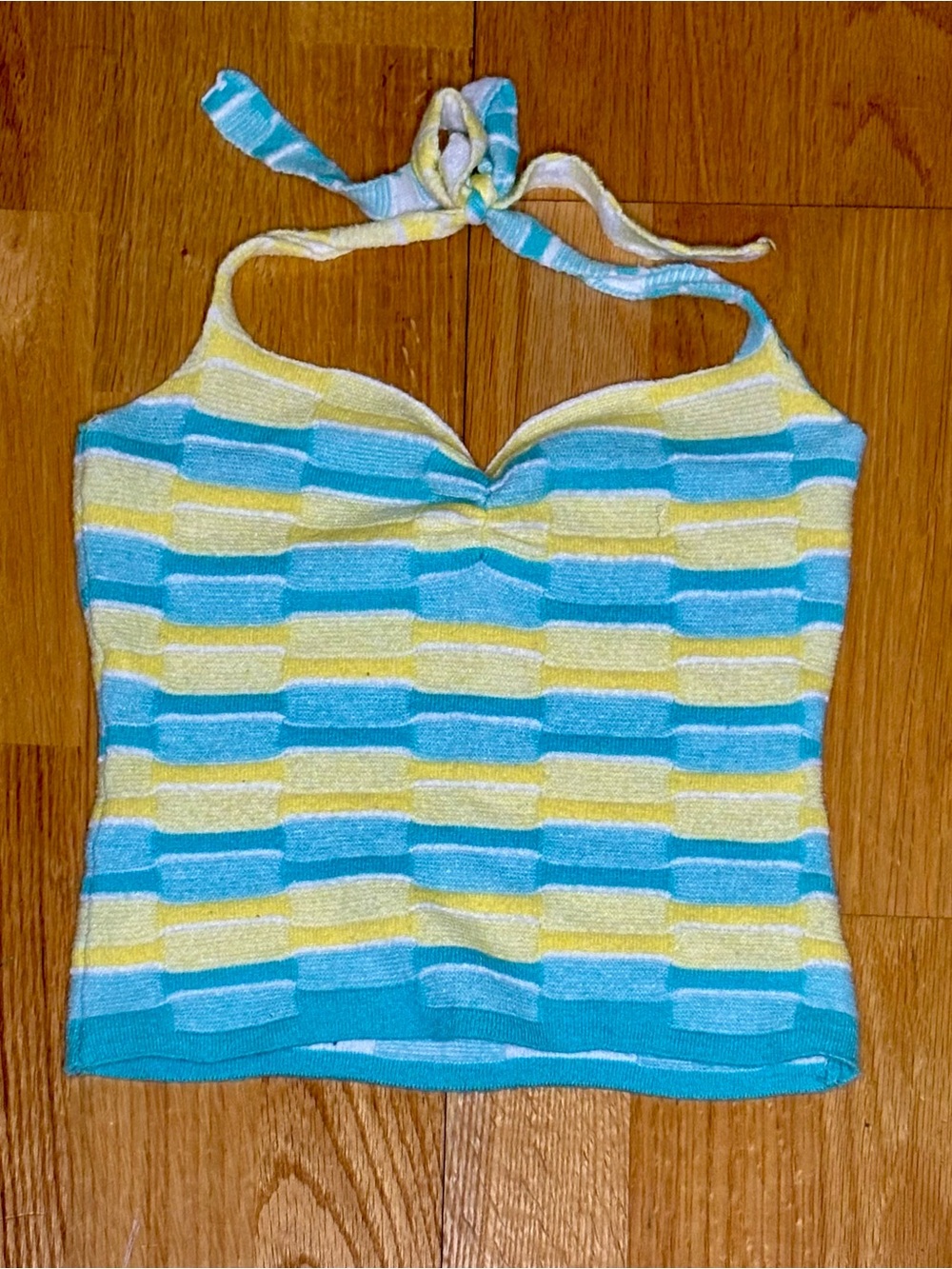 Striped Halter Knitted Tank in Turquoise and Yellow Size Small